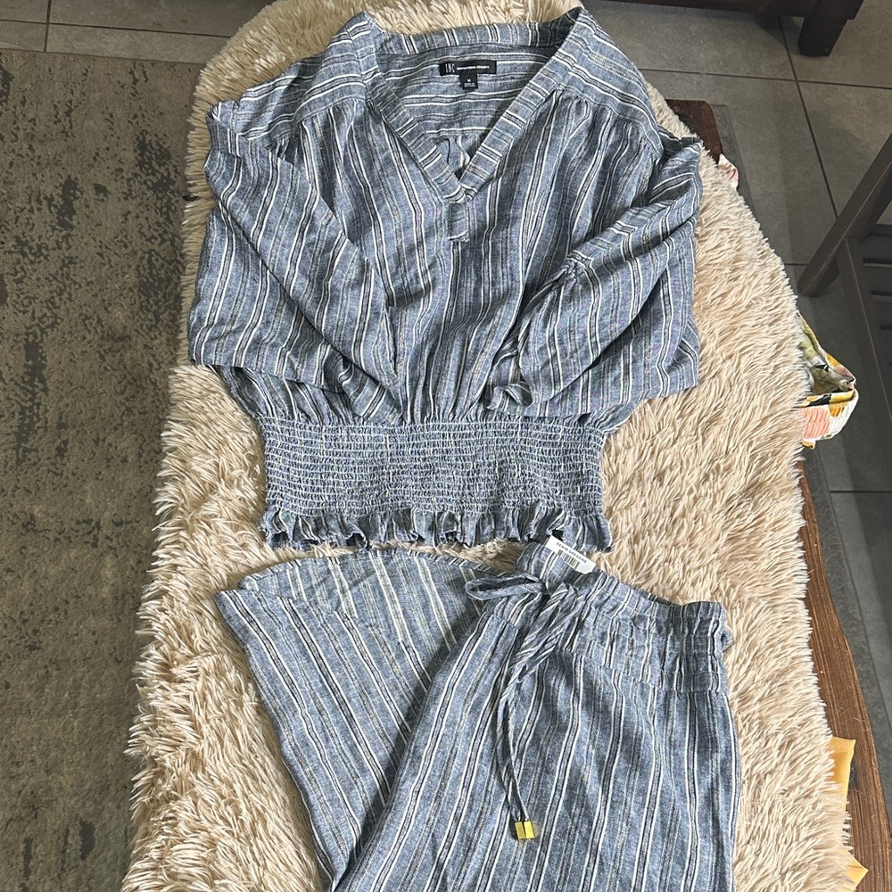 INC International ConceptsStriped V-Neck Blouse with Smocked Waist and skirt (2